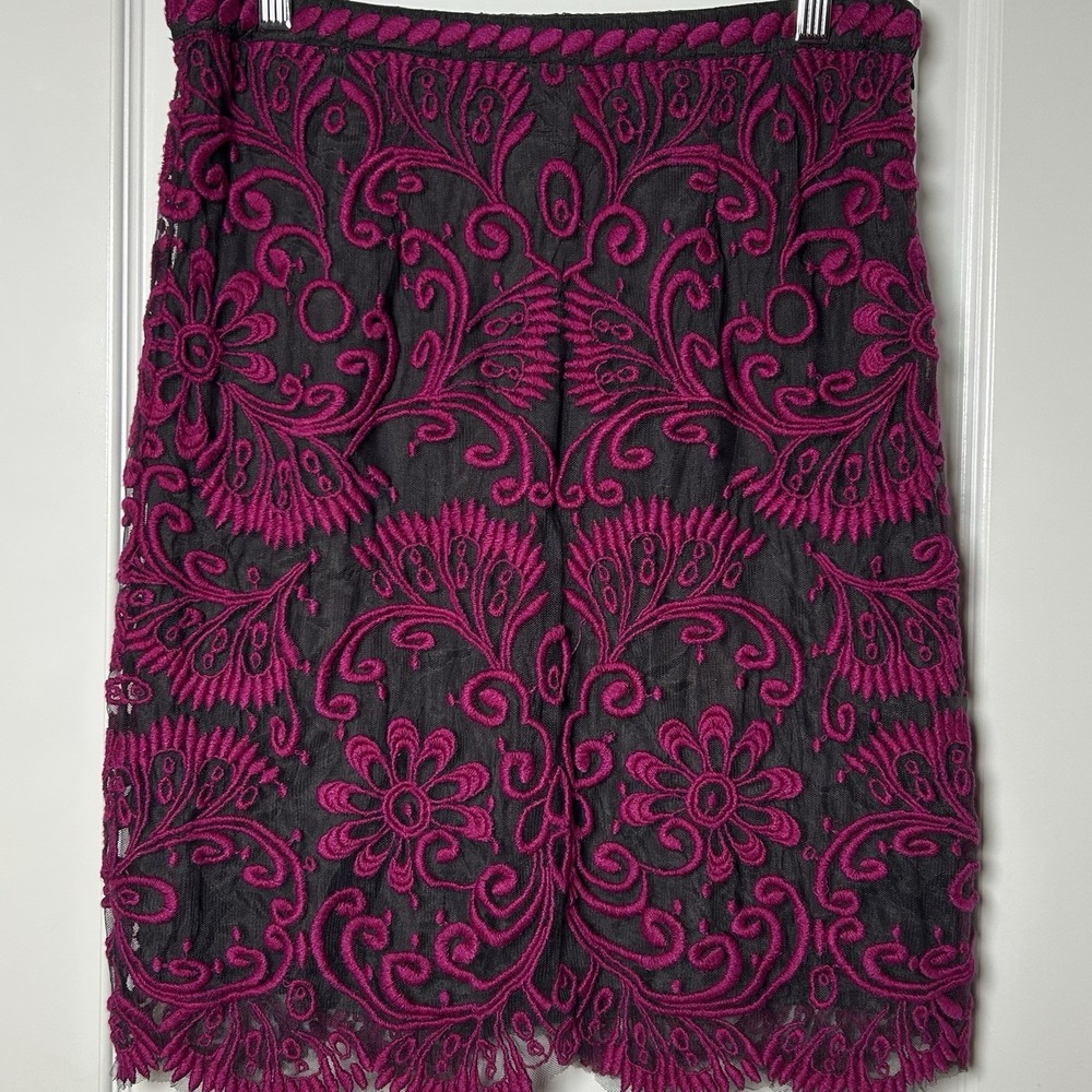 Yoana Baraschi Fuchsia Black Embroidered Mesh Pencil Skirt Boho Luxe Style